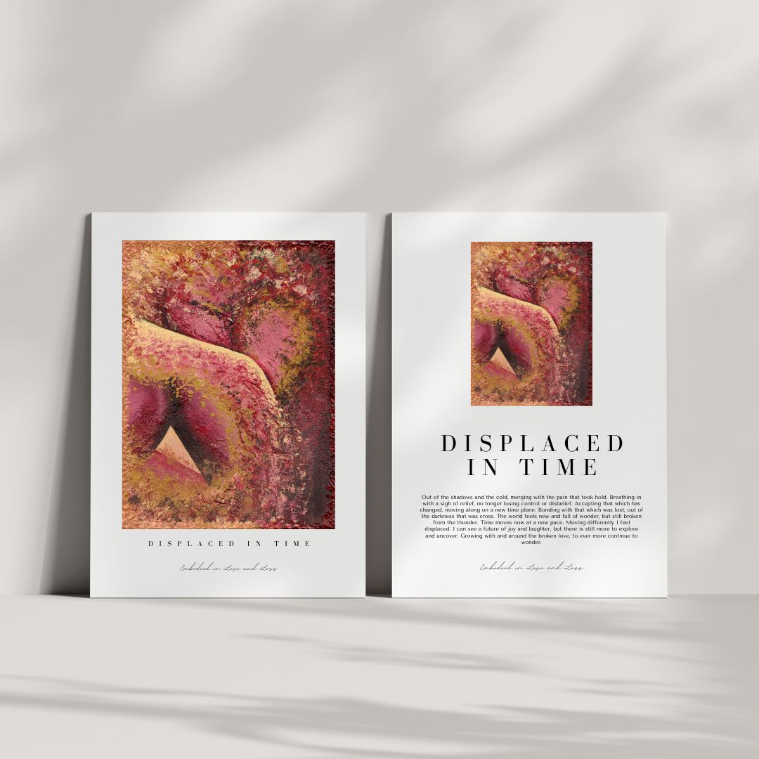 Open book with artistic cover and text on a white background