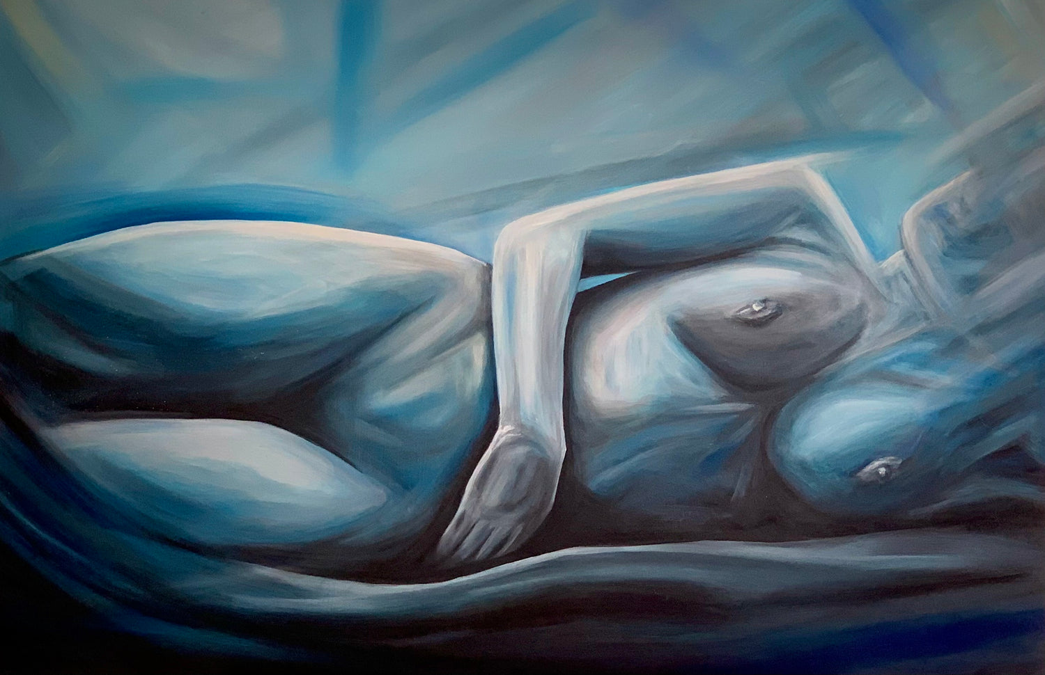 Artistic depiction of a nude figure in a blue-toned abstract setting