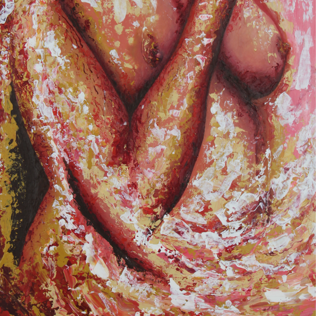 Abstract art with swirling patterns in red, yellow, and white.