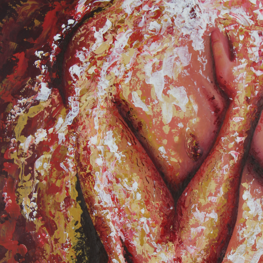 Abstract painting with red, yellow, and white colors