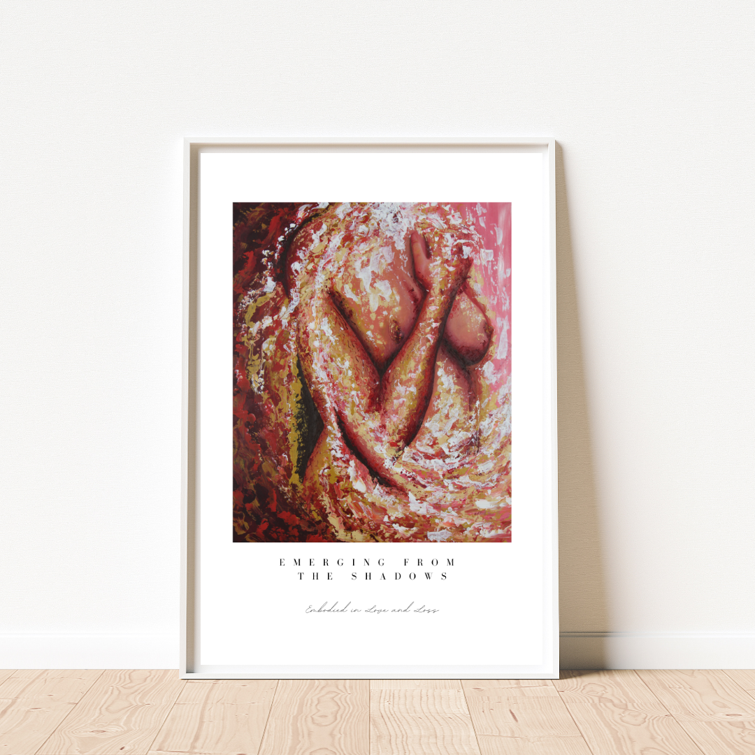 Framed artwork of a couple embracing with text 'Emerging from the Shadows' on a white wall.