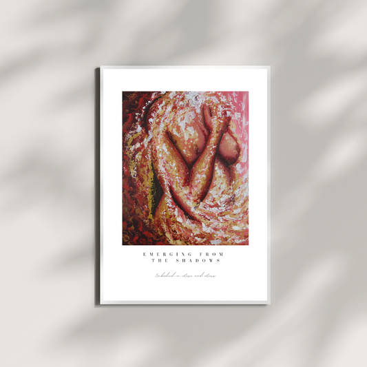 Framed artwork of a nude figure with abstract design on a white background