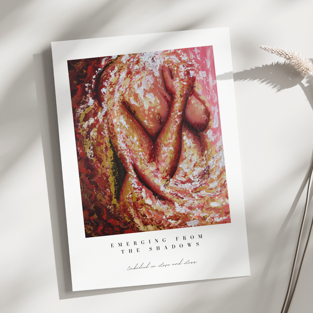 Artistic depiction of a couple embracing with text 'Emerging from the Shadows' on a white background.