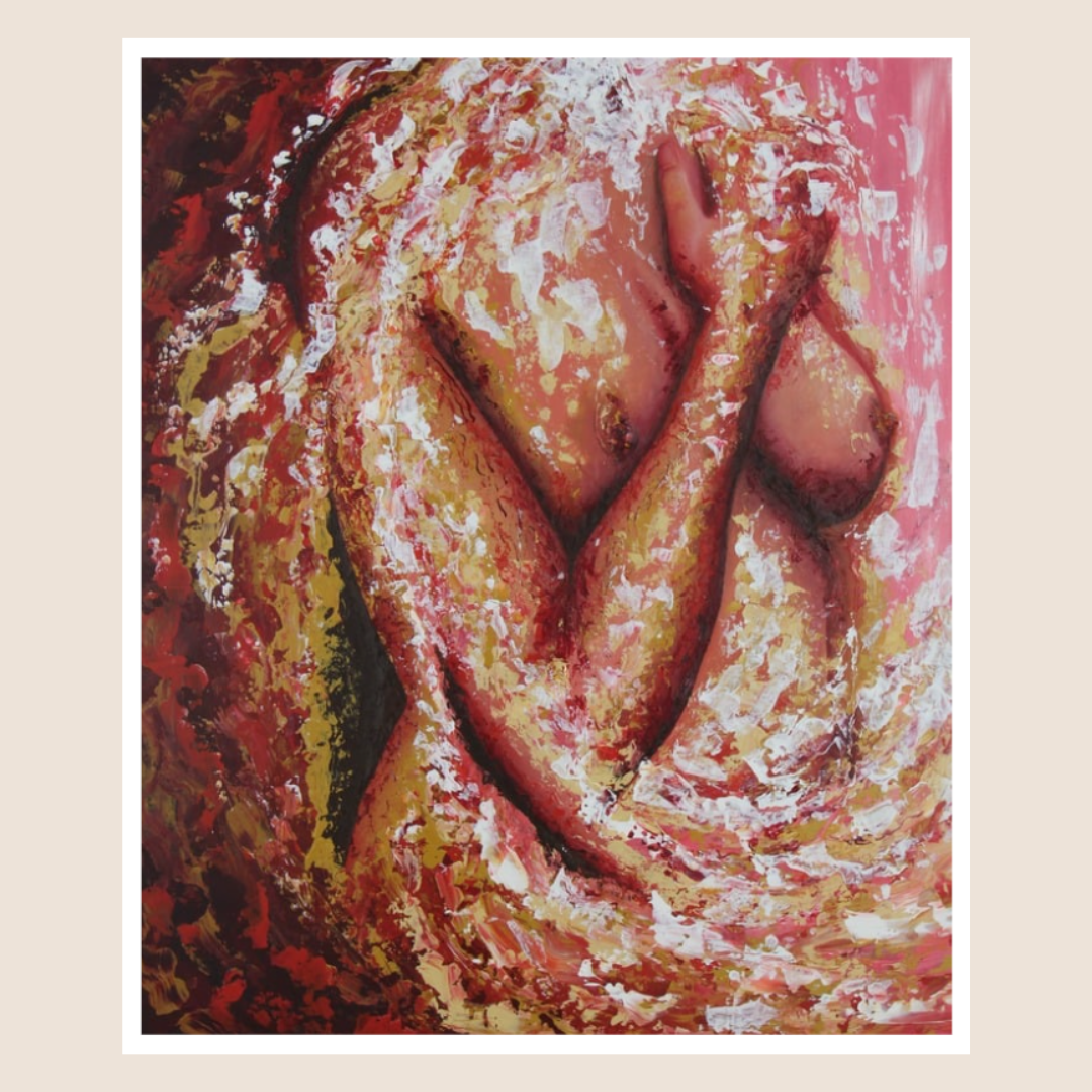 Abstract painting with warm colors and a central figure.