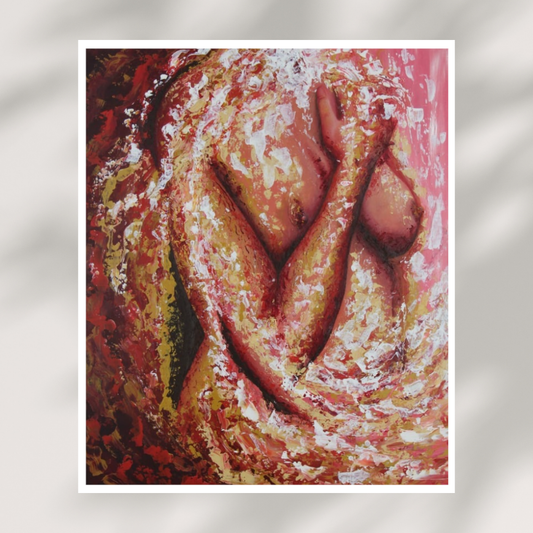 Artistic depiction of a nude figure with abstract colors on a textured background
