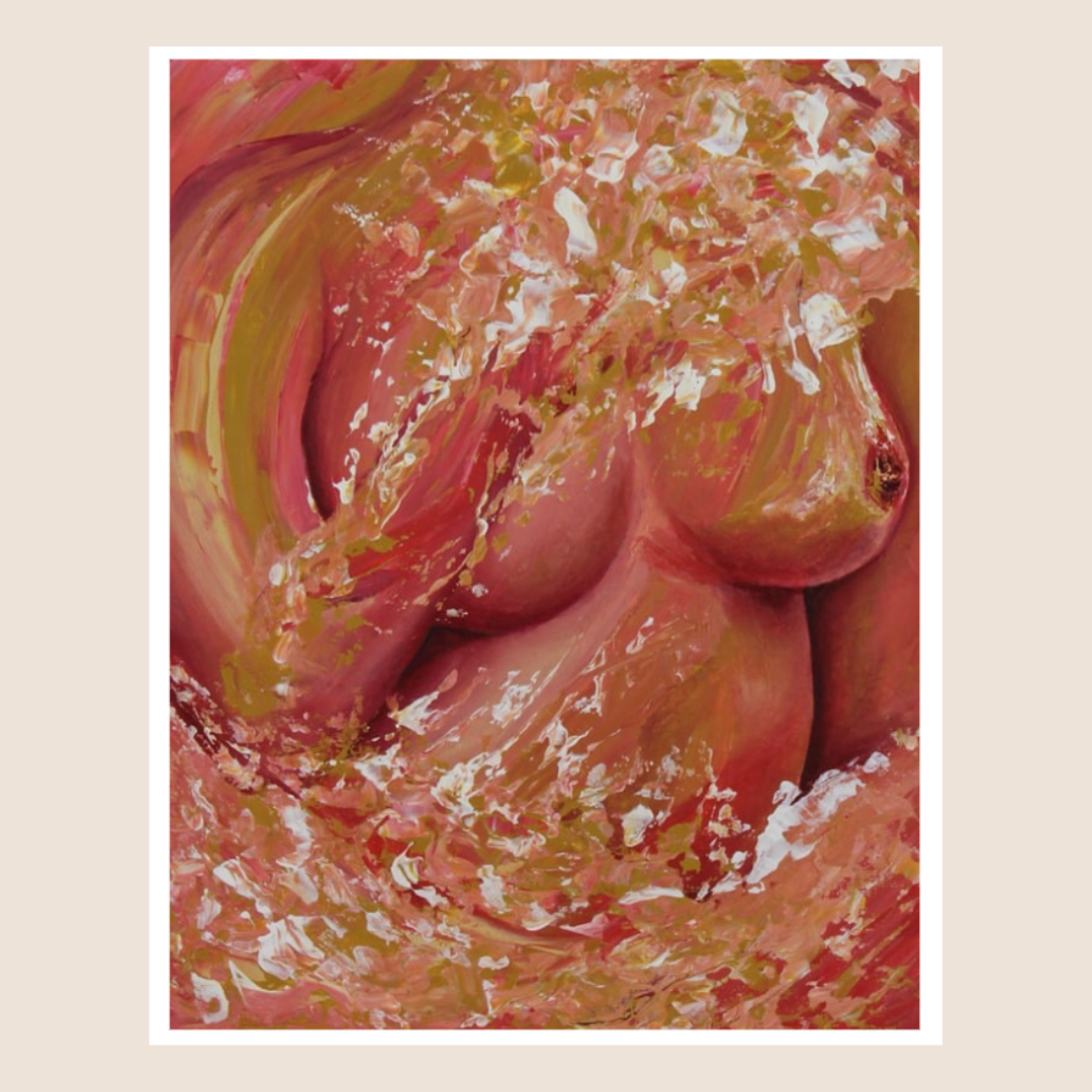 Abstract art with pink, green, and white colors on a beige background