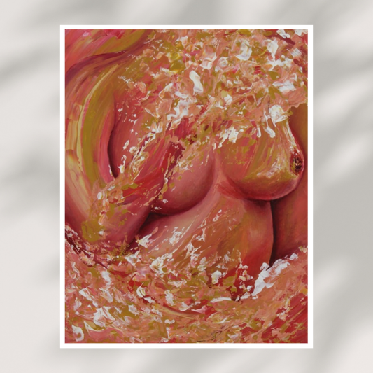 Abstract art with pink, yellow, and white colors on a textured gray background