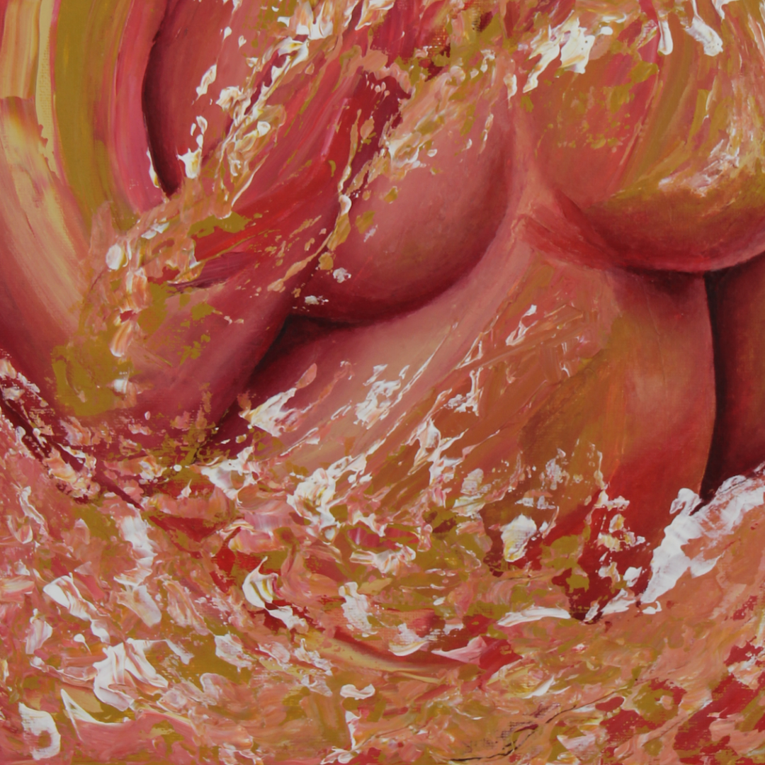 Close-up of an abstract painting with pink and orange hues, surrounded by abstract splashes of colour.