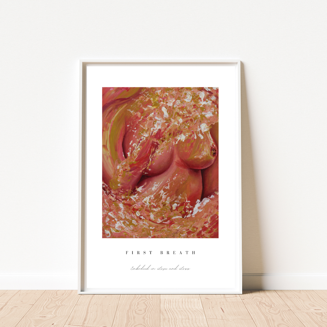 Framed artwork with abstract design on a white wall.
