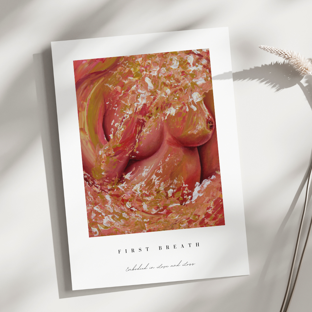 Art print with abstract design and text on a white background