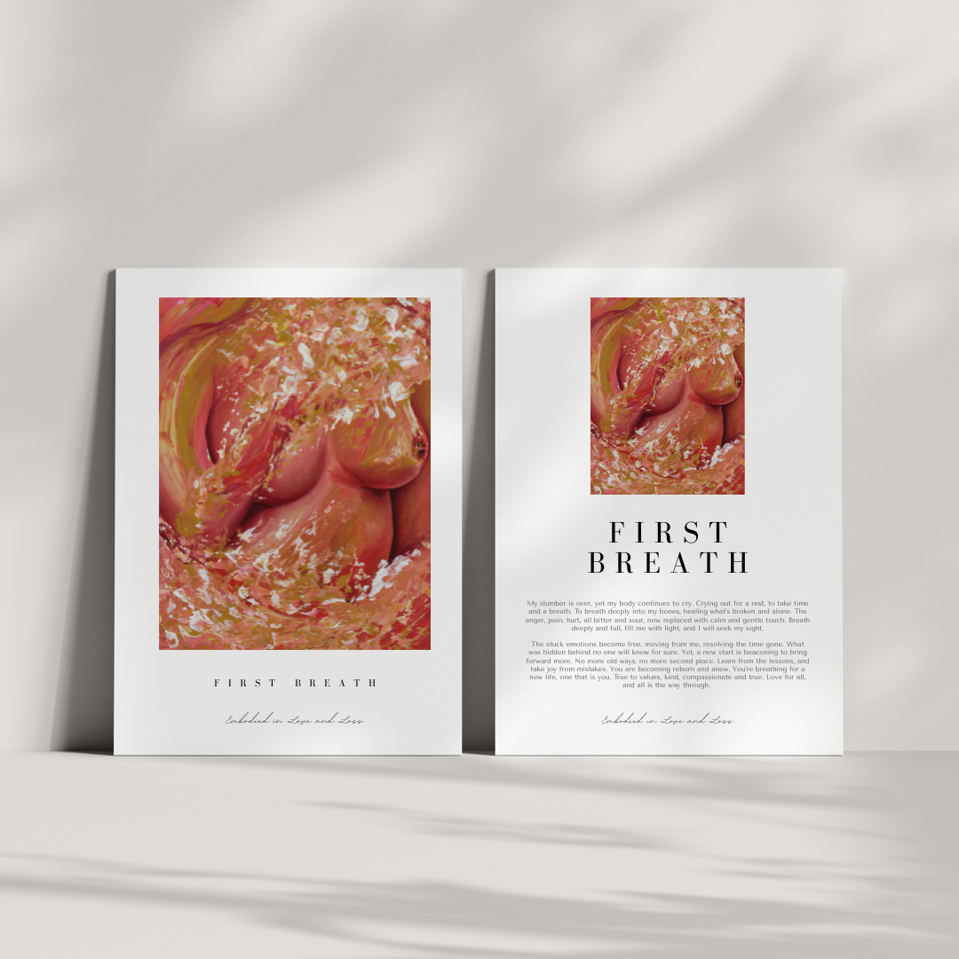 Book or magazine open to a page titled 'First Breath' on a white background.