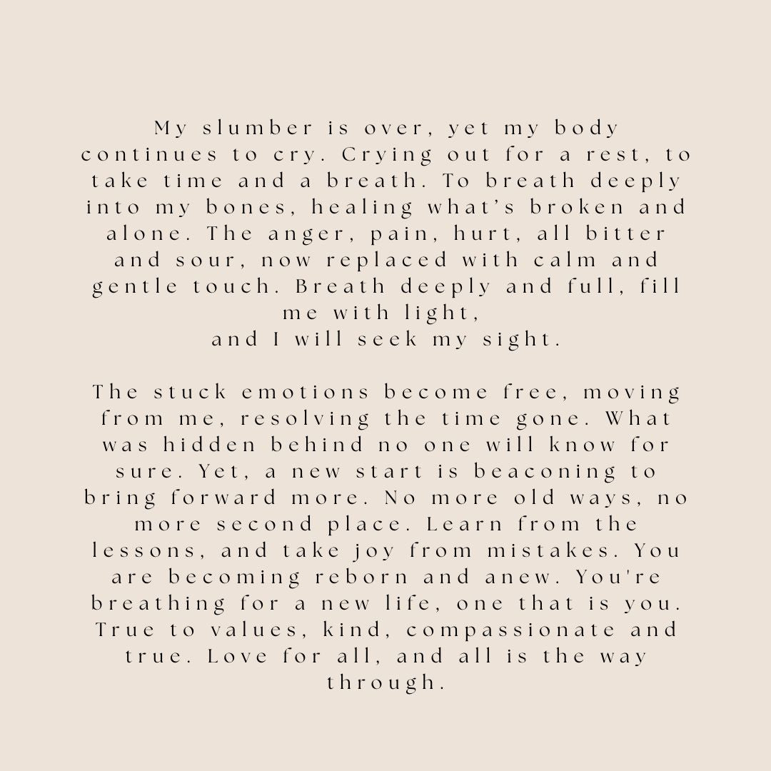 Text on a beige background with a reflective poem about healing and new beginnings.