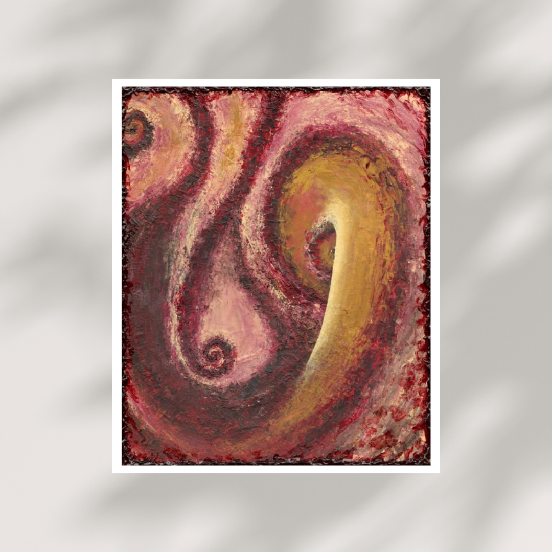 Abstract art with swirling colors on a metallic silver background