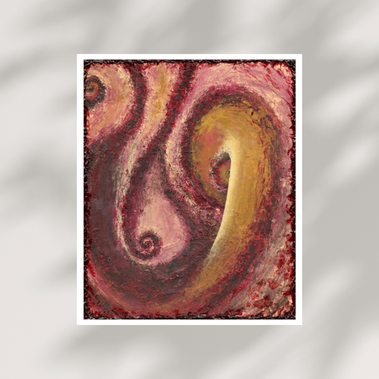 Abstract art with swirling colors on a metallic silver background