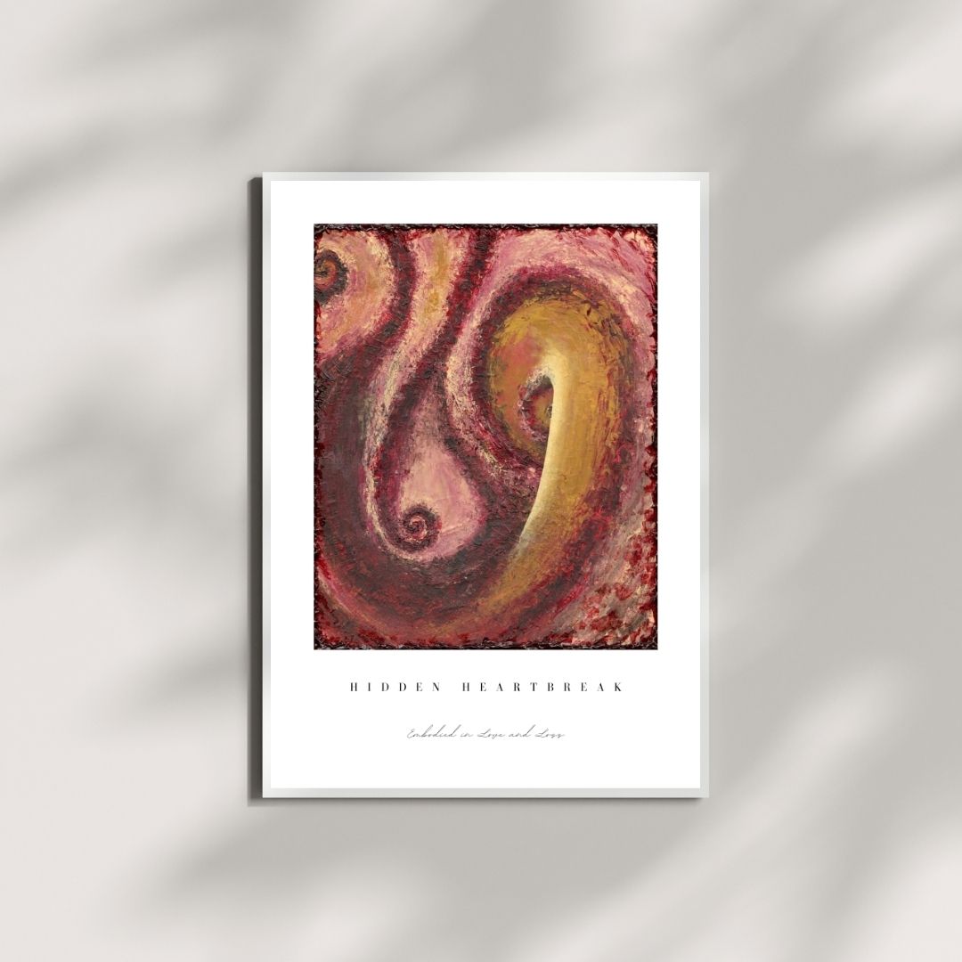 Framed abstract art print with swirling colors on a white background
