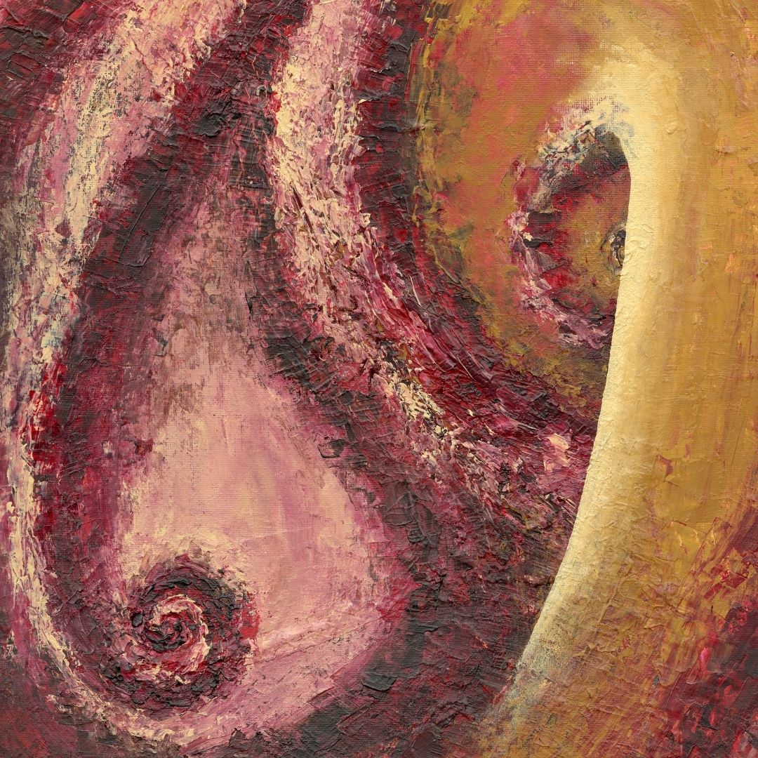 Abstract art with swirling patterns in red, yellow, and brown.