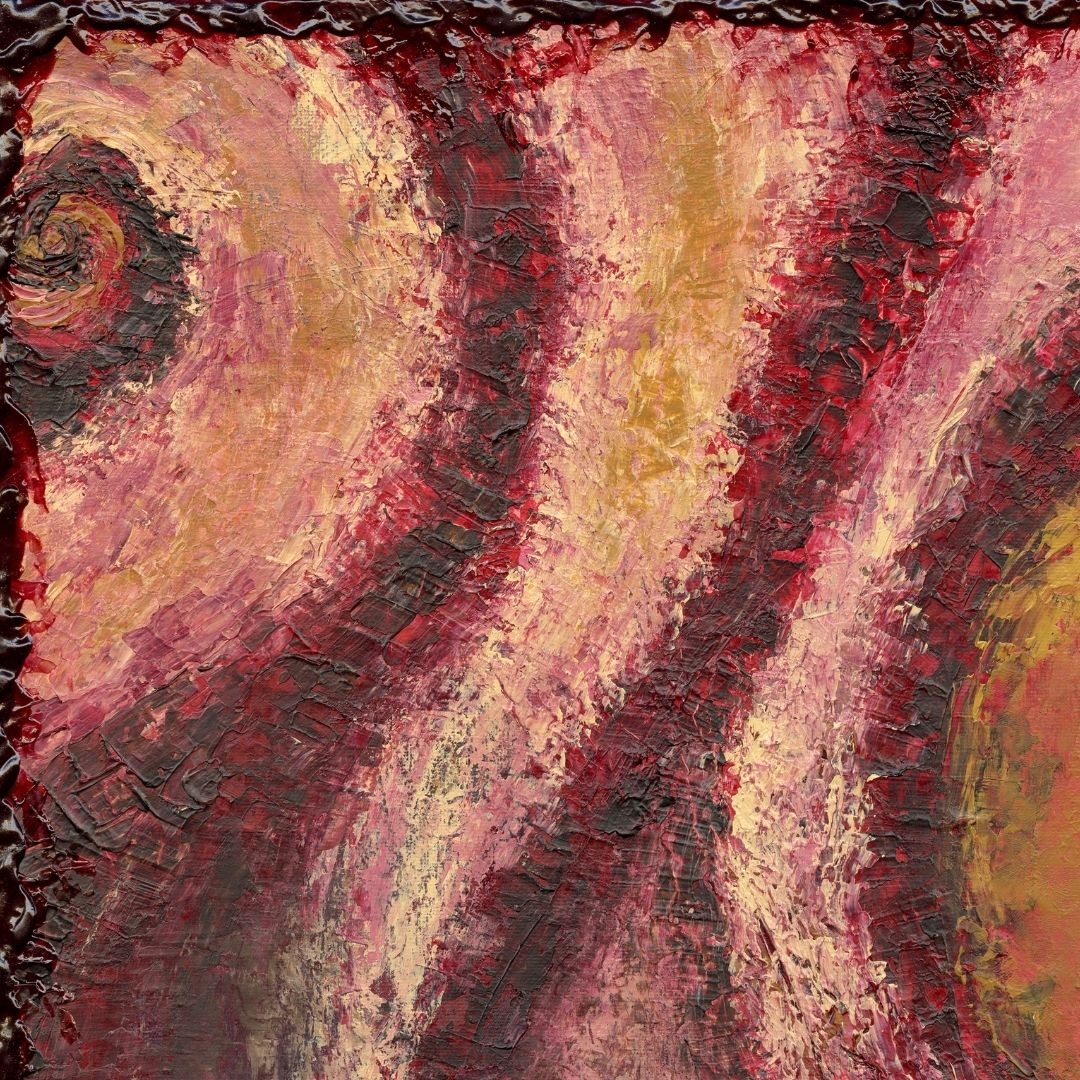 Abstract art with textured brushstrokes in red, pink, and brown tones.