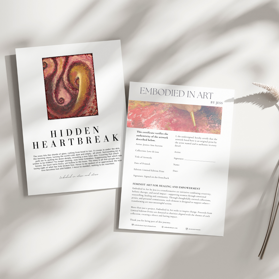 Two art exhibition brochures titled 'Hidden Heartbreak' and 'Embodyed in Art' on a light background.