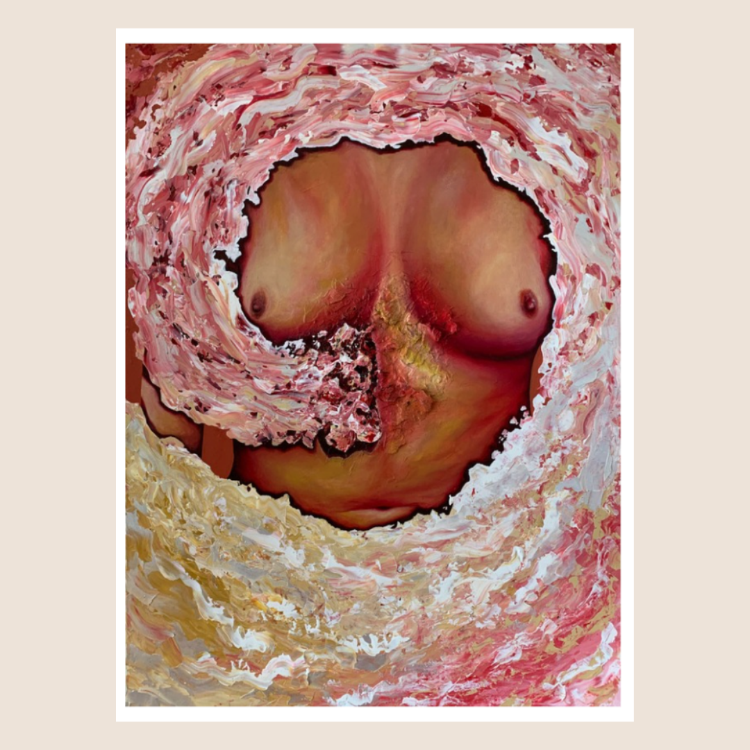 Artistic depiction of a female torso with a stylized, abstract background.