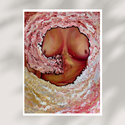 Artistic depiction of a female torso with swirling pink and red patterns on a gray background