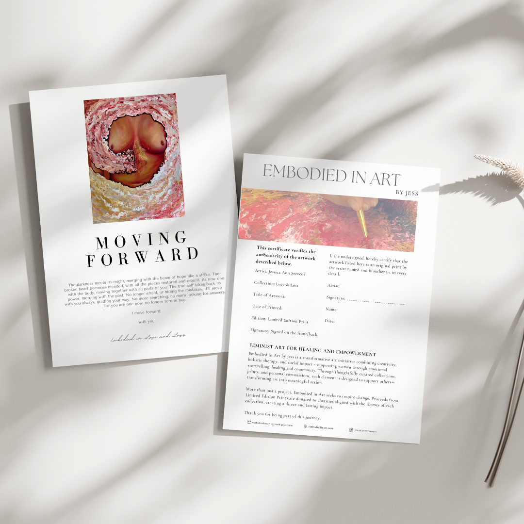 Two artistic prints on a light background with text and images.