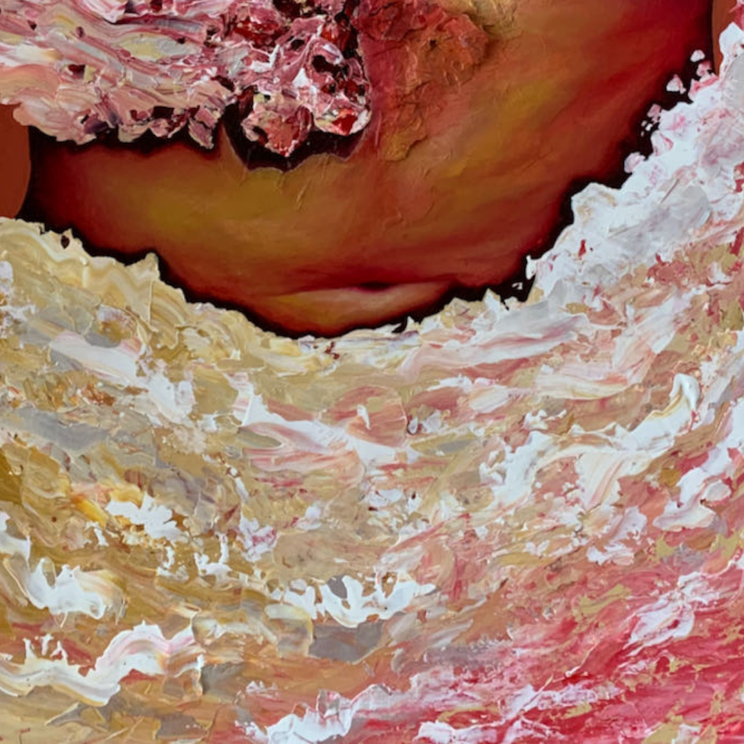 Close-up of a textured surface with pink, red, and beige colors