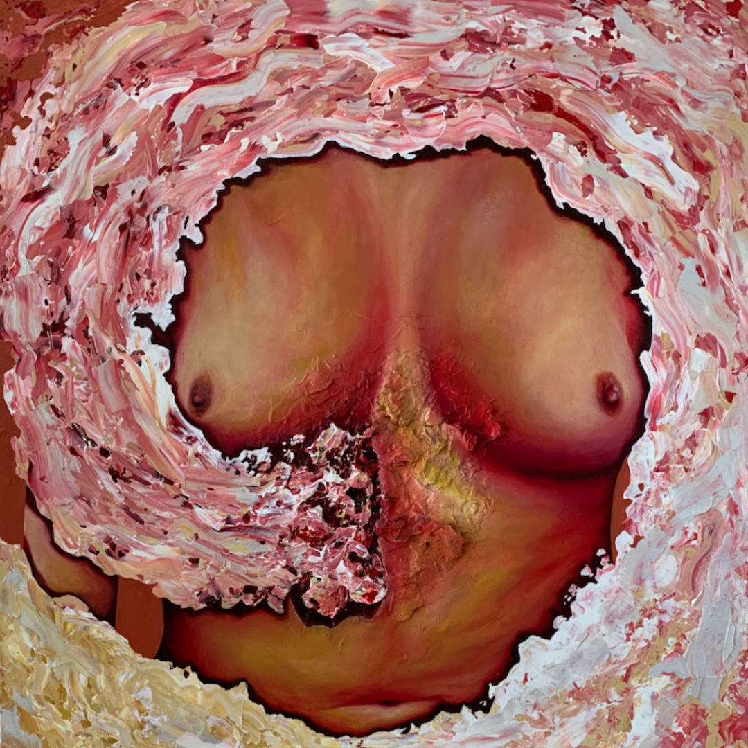 Artistic depiction of a female torso with a swirling, textured background.