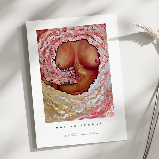 Artistic depiction of a female form on a textured surface with 'MOVING FORWARD' text.