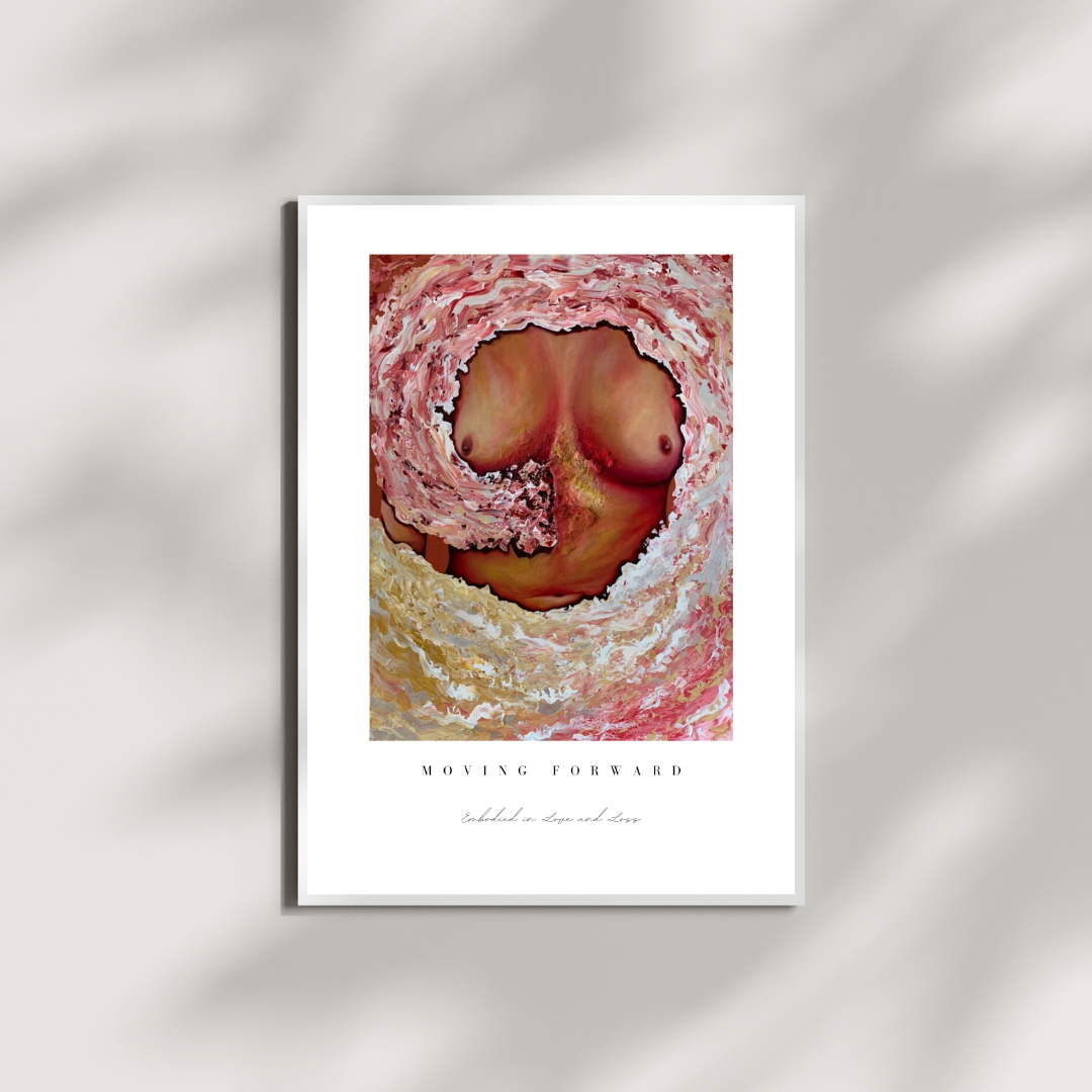 Framed artwork with a textured design and text on a white background