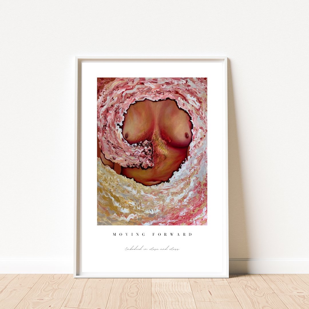 Framed artwork with abstract design and text on a white wall.