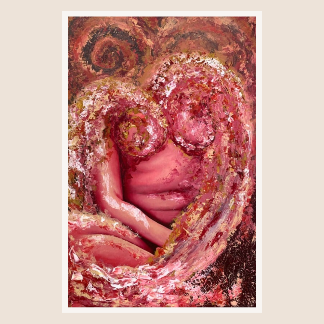 Abstract art piece with pink and brown colors on a beige background