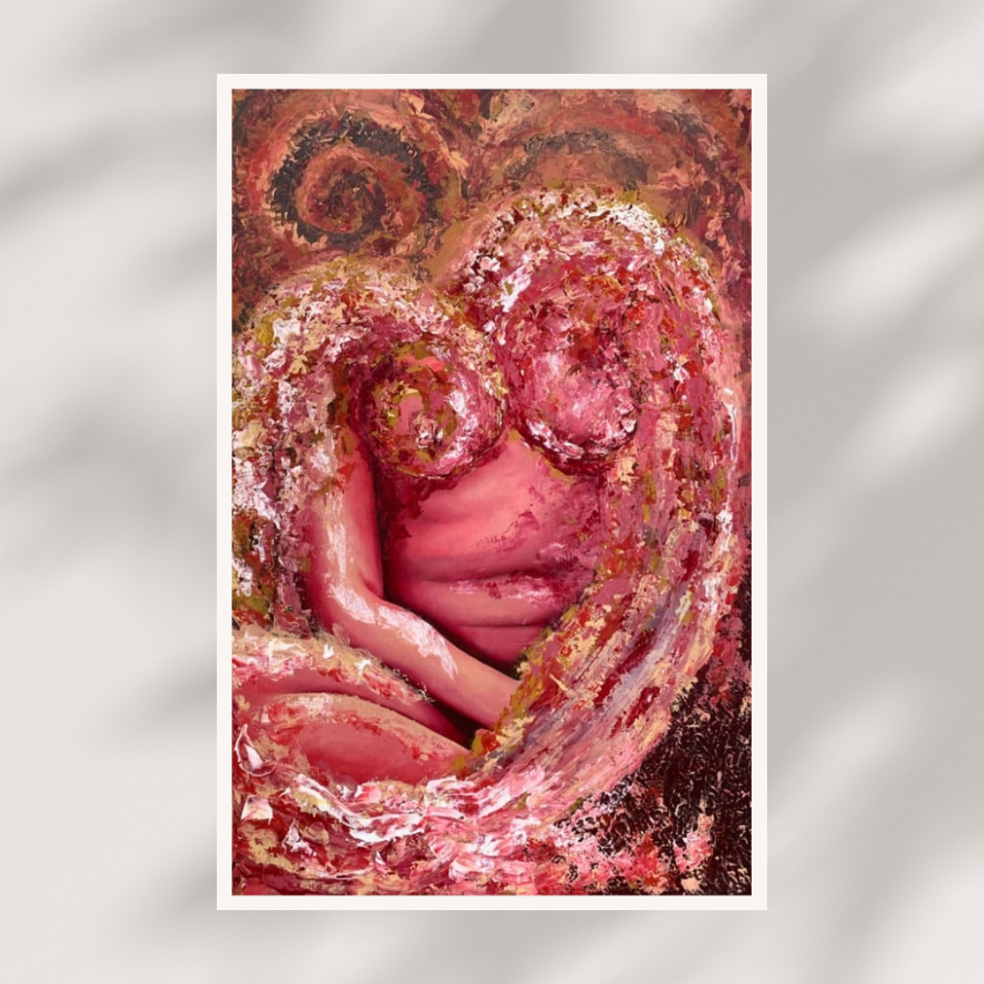 Abstract art print with swirling pink and red patterns on a metallic silver background