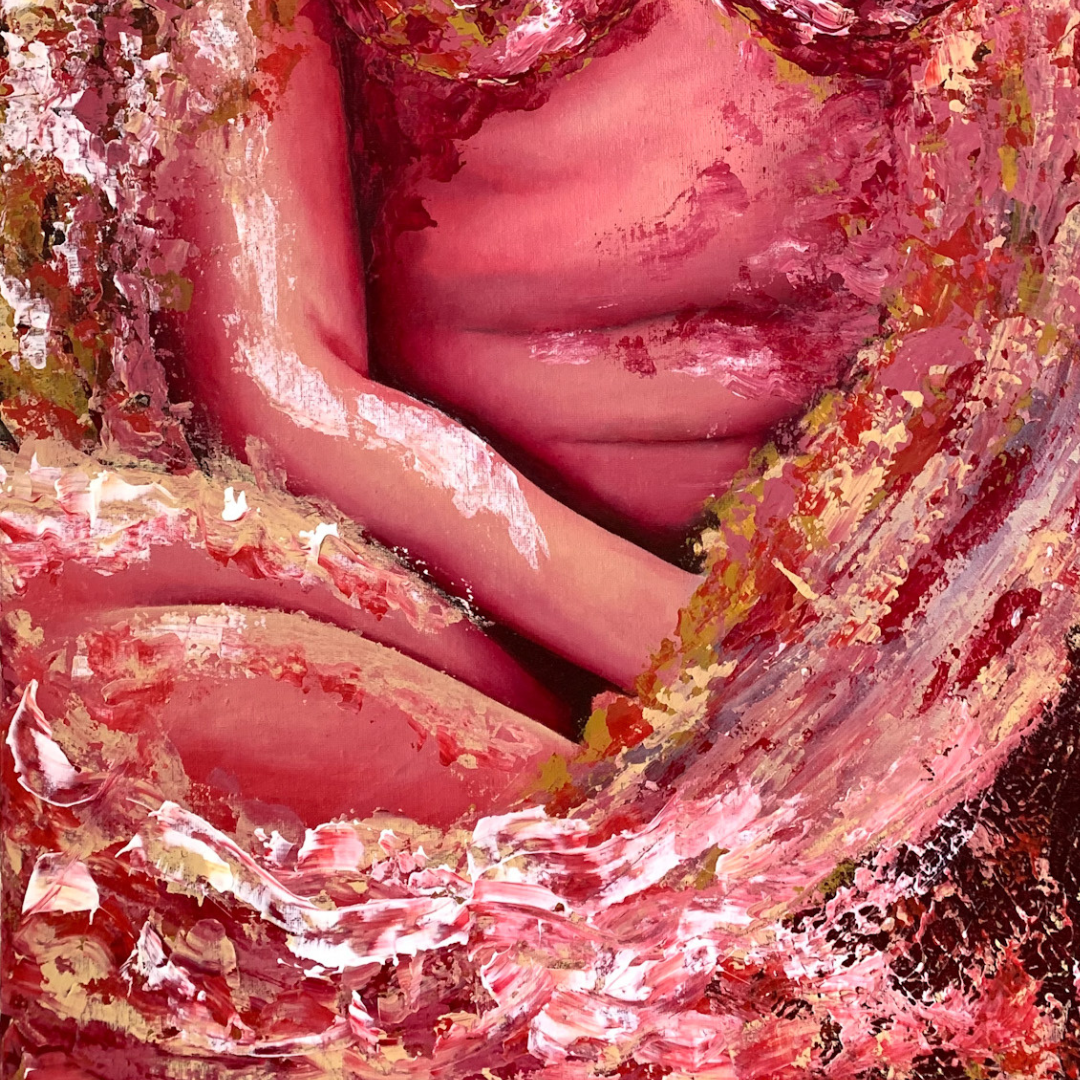 Close-up of a person's body with a textured, abstract background in red and pink tones.