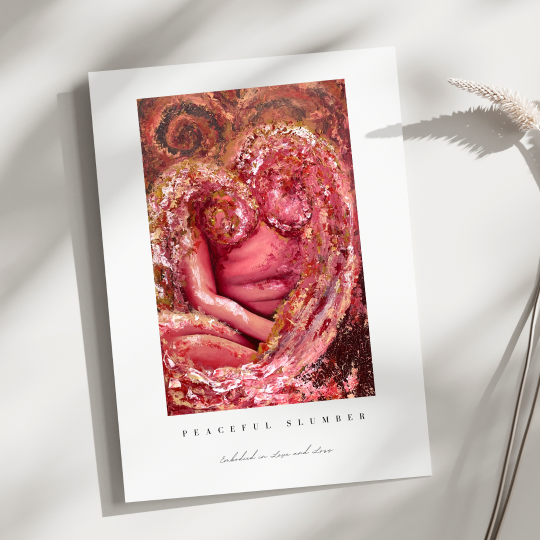 Art print with a heart design and 'Peaceful Slumber' text on a white background