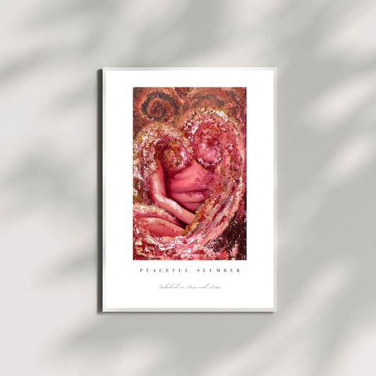 Framed artwork of a pink rose with 'Peaceful Slumber' text on a white background