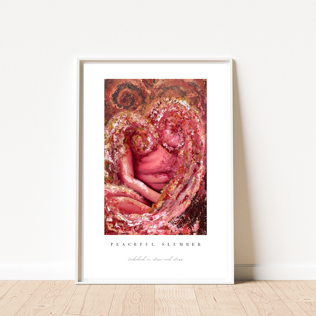Framed artwork titled 'Peaceful Slumber' on a white wall.