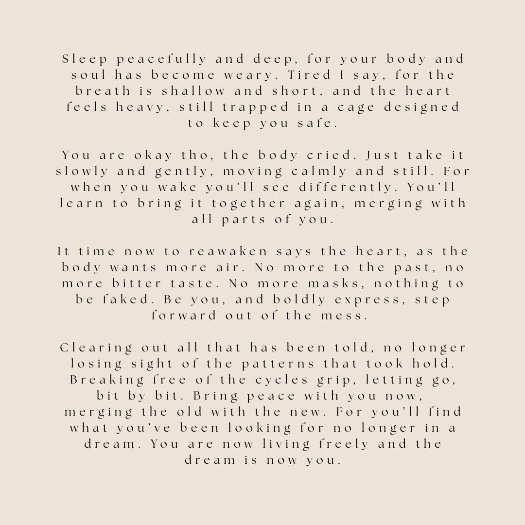 Text on a beige background with a reflective message about sleep, body, and soul.