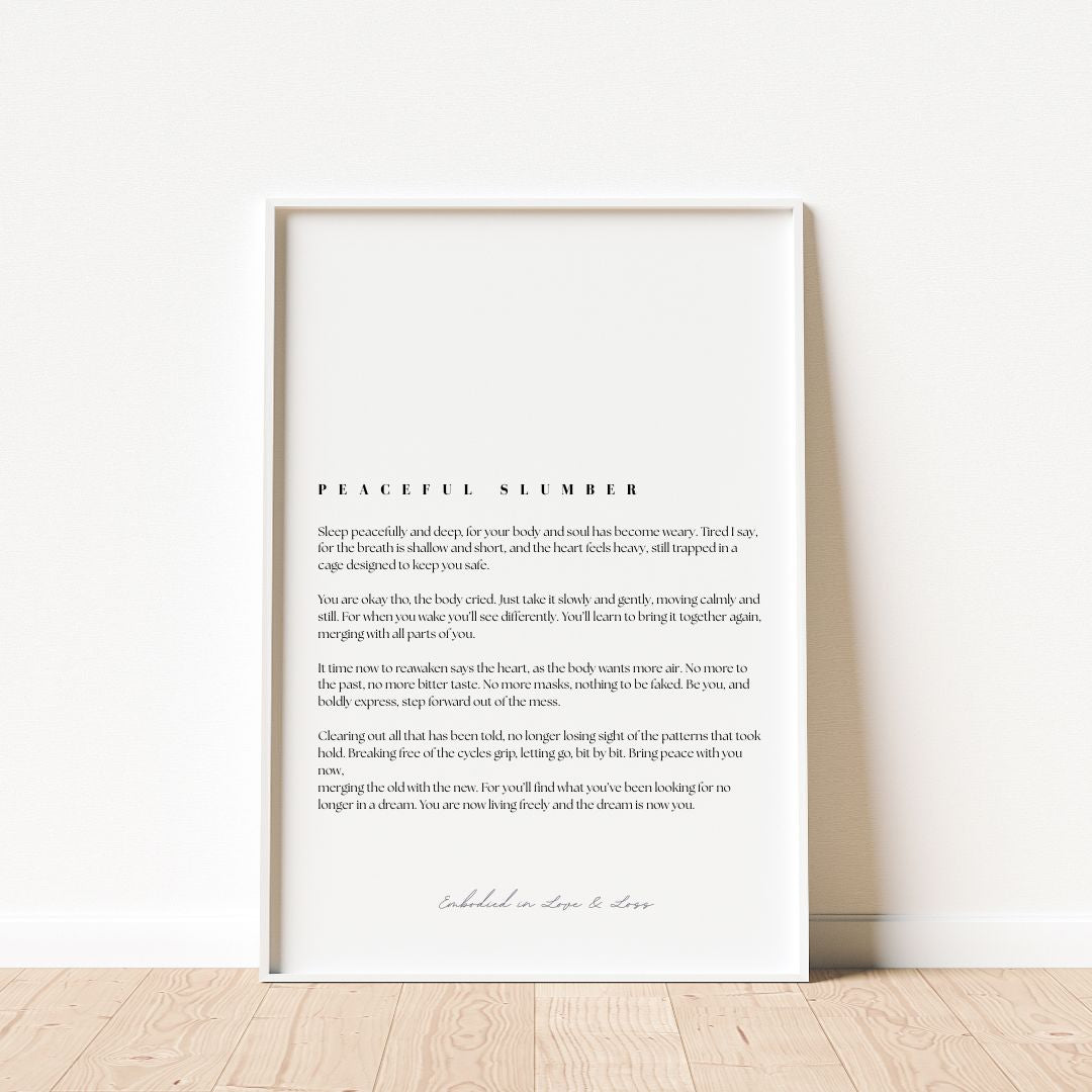 Framed poem titled 'Peaceful Slumber' on a white wall.