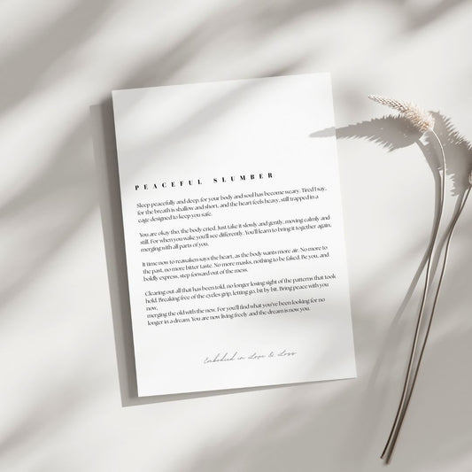 Sheet of paper with text on a light background with dried plants