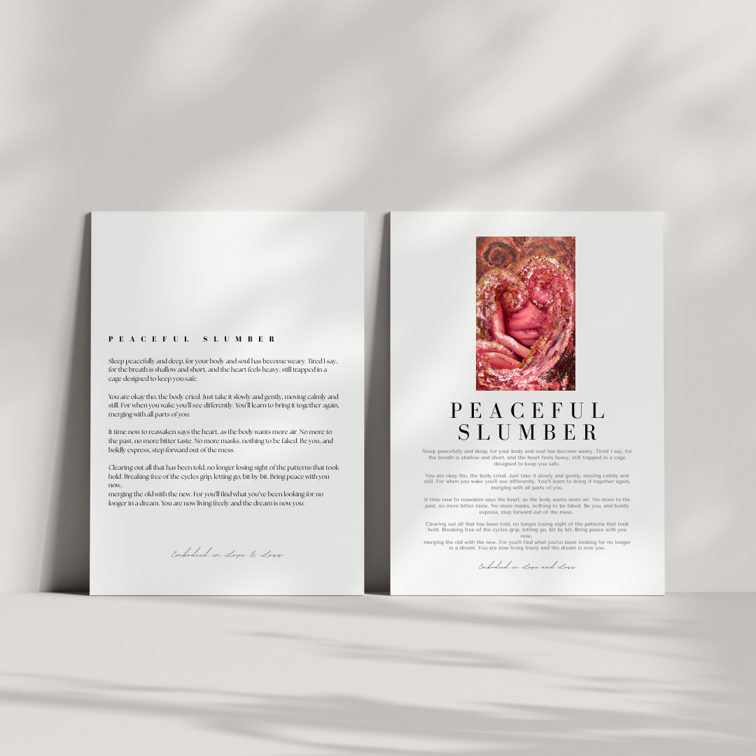 Open book with 'Peaceful Slumber' text and a red flower illustration on a white background