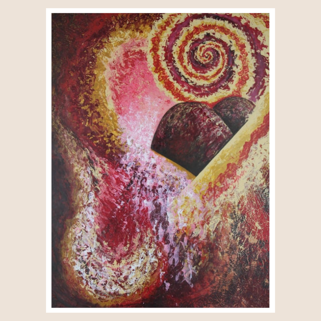 Abstract artwork with swirling colors on a beige background