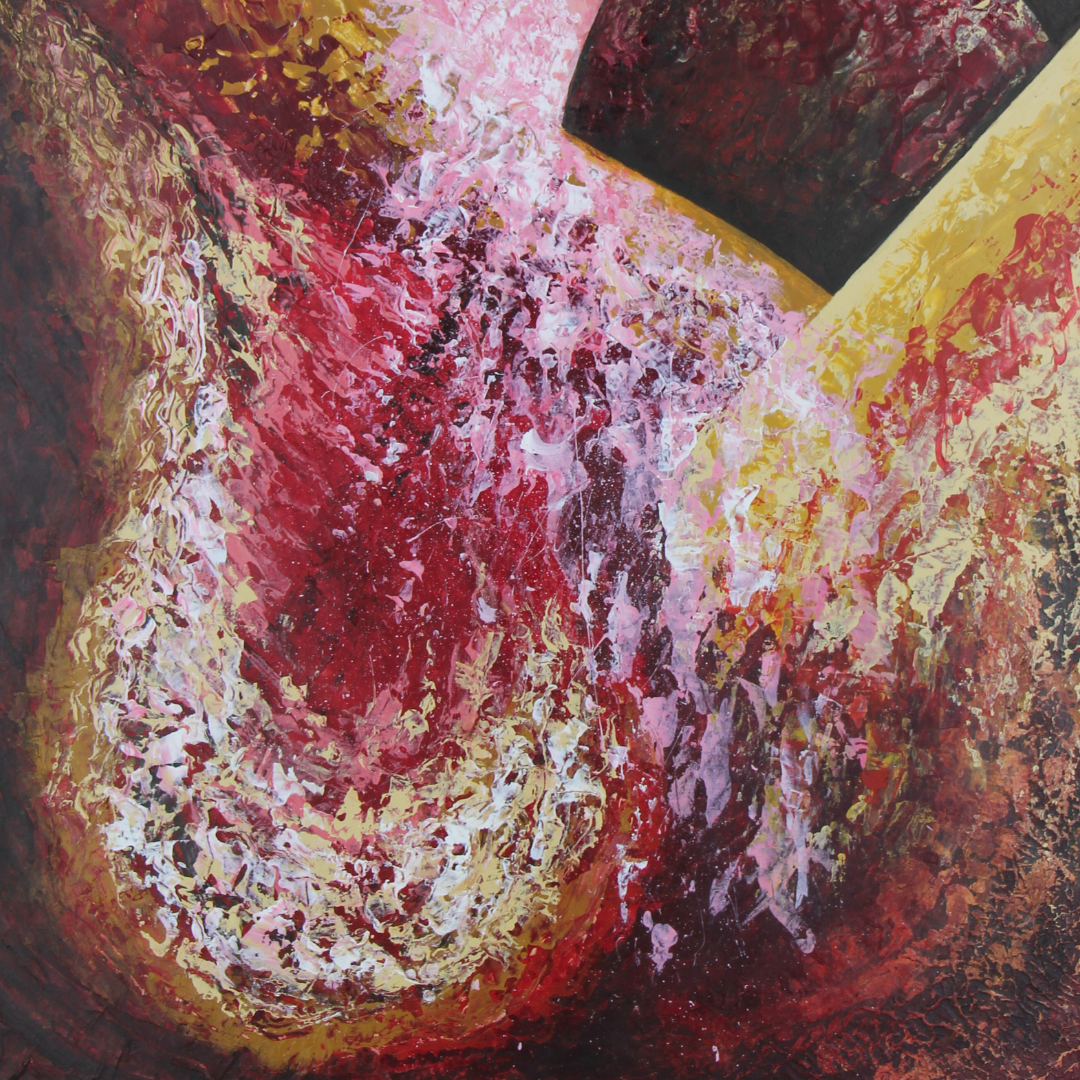 Abstract art with swirling colors in red, yellow, and brown.