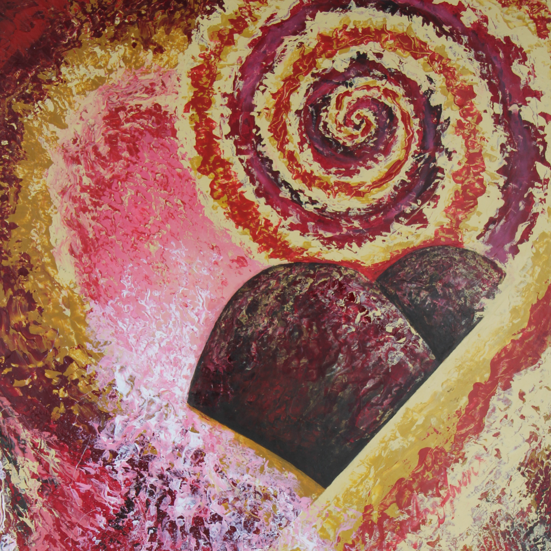 Artistic depiction of a heart and spiral design with abstract colors
