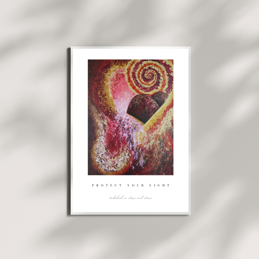 Framed abstract artwork with a spiral design on a white background