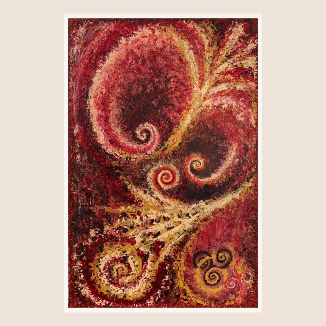 Abstract art piece with swirling patterns in red, gold, and brown on a beige background