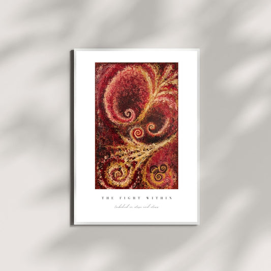 Framed artwork with a red and gold abstract design on a white background