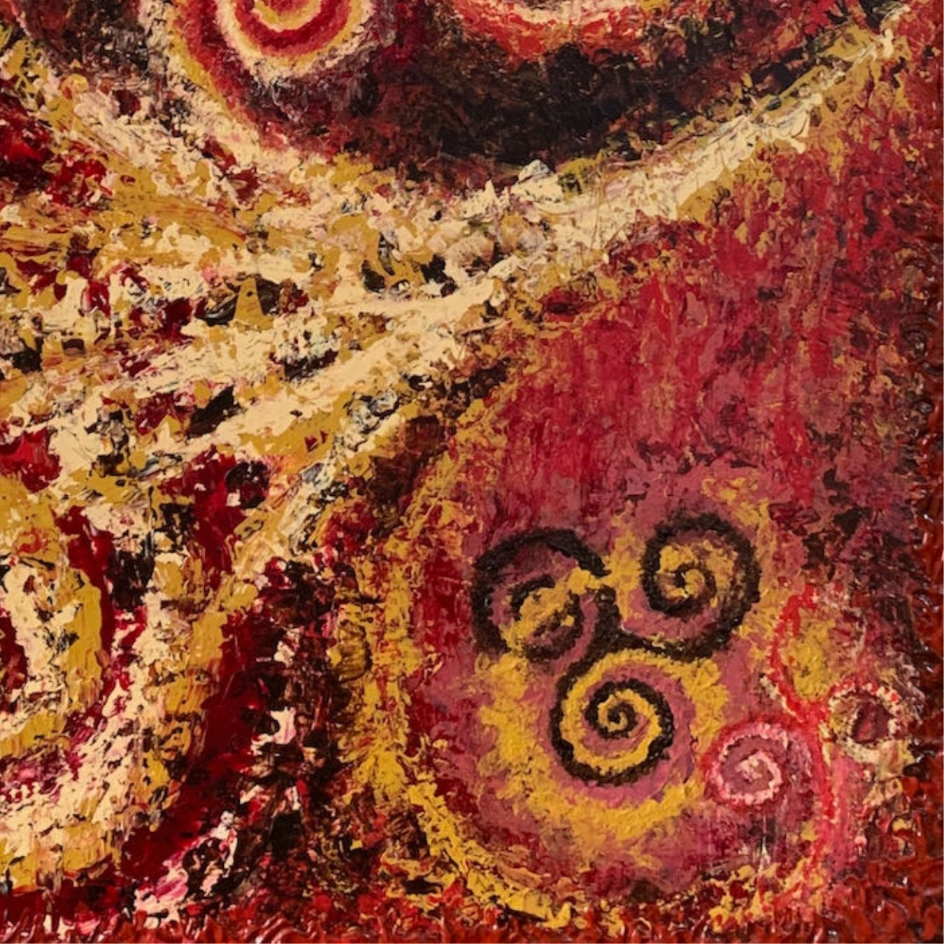 Abstract artwork with swirling patterns in red, yellow, and black.