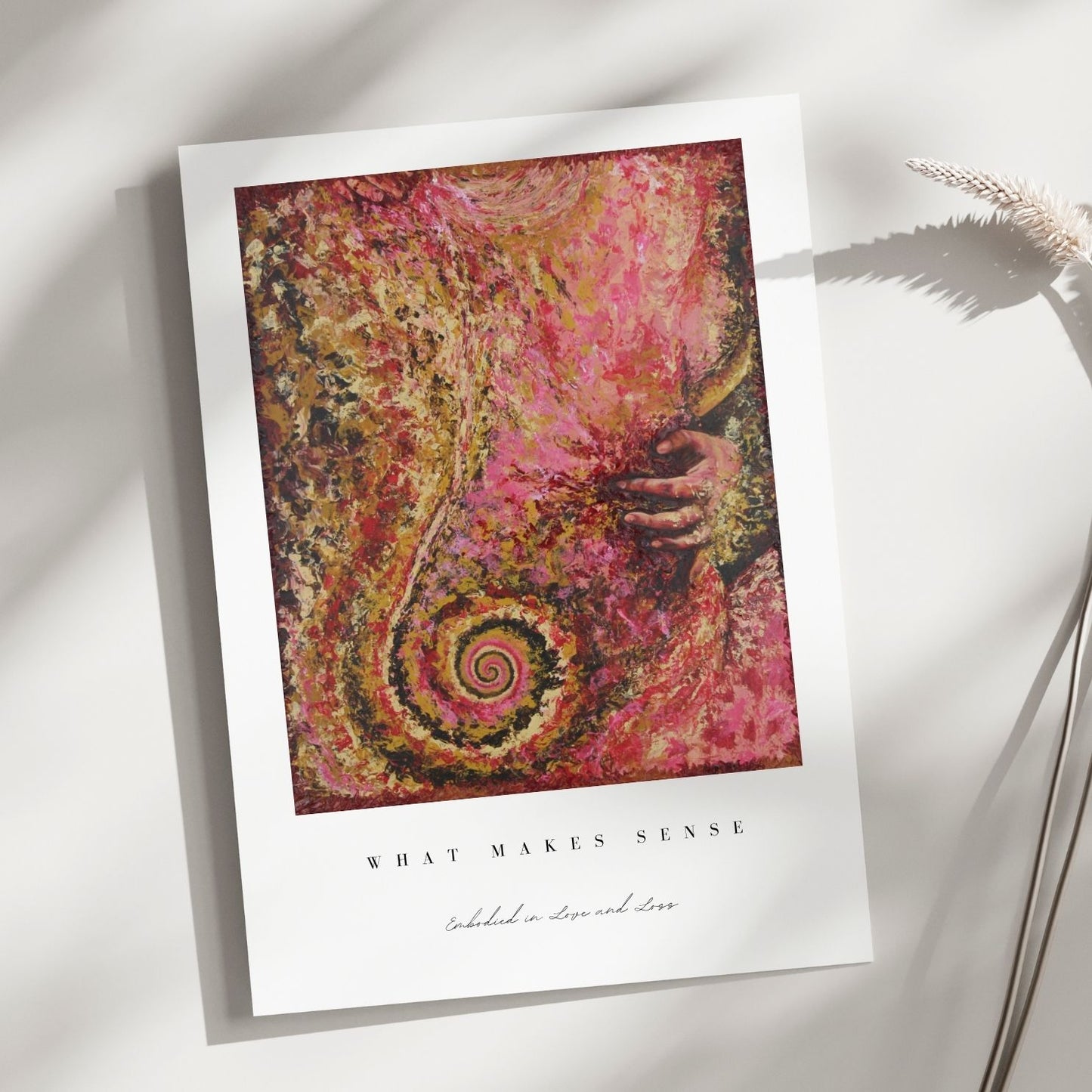 Artistic print with a colorful abstract design and text on a white background