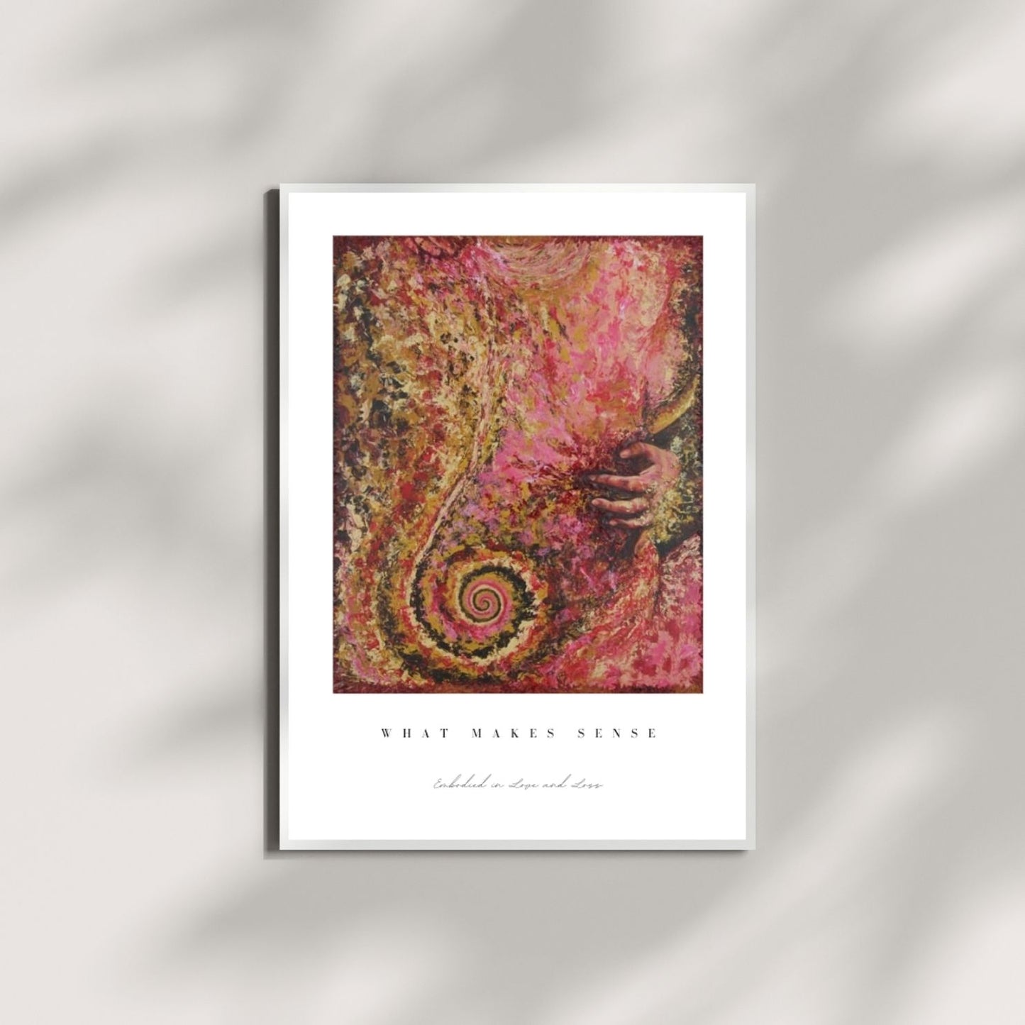 Framed abstract artwork with swirling patterns and text on a white background