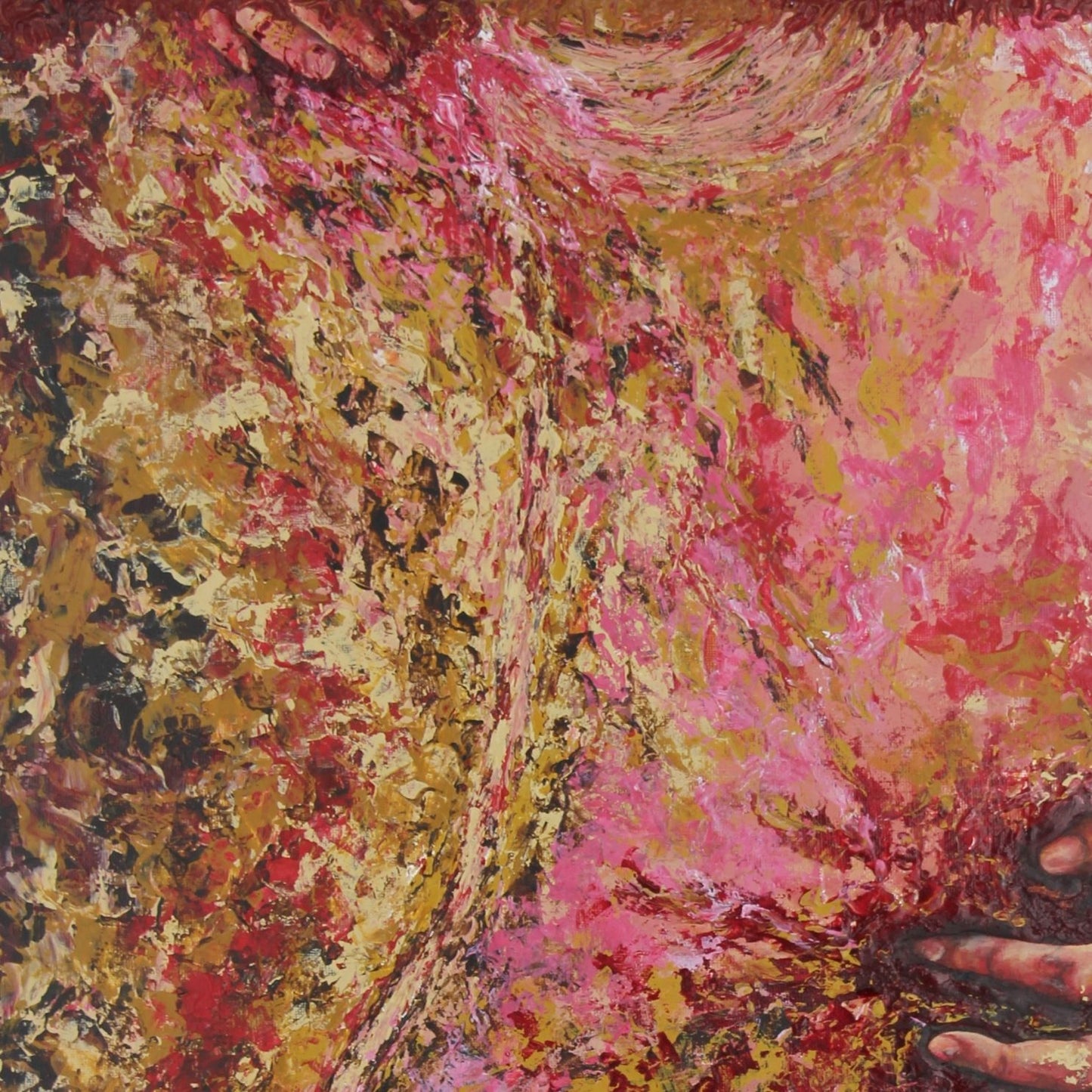Abstract artwork with swirling pink, yellow, and red colors.